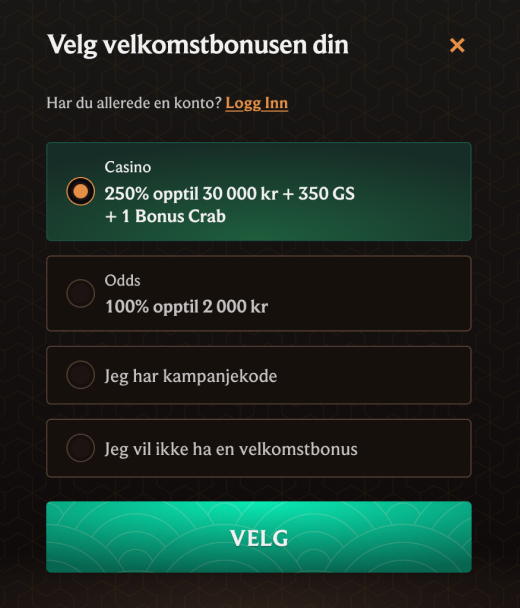 CrownPlay Casino registreringsbonus for Norge